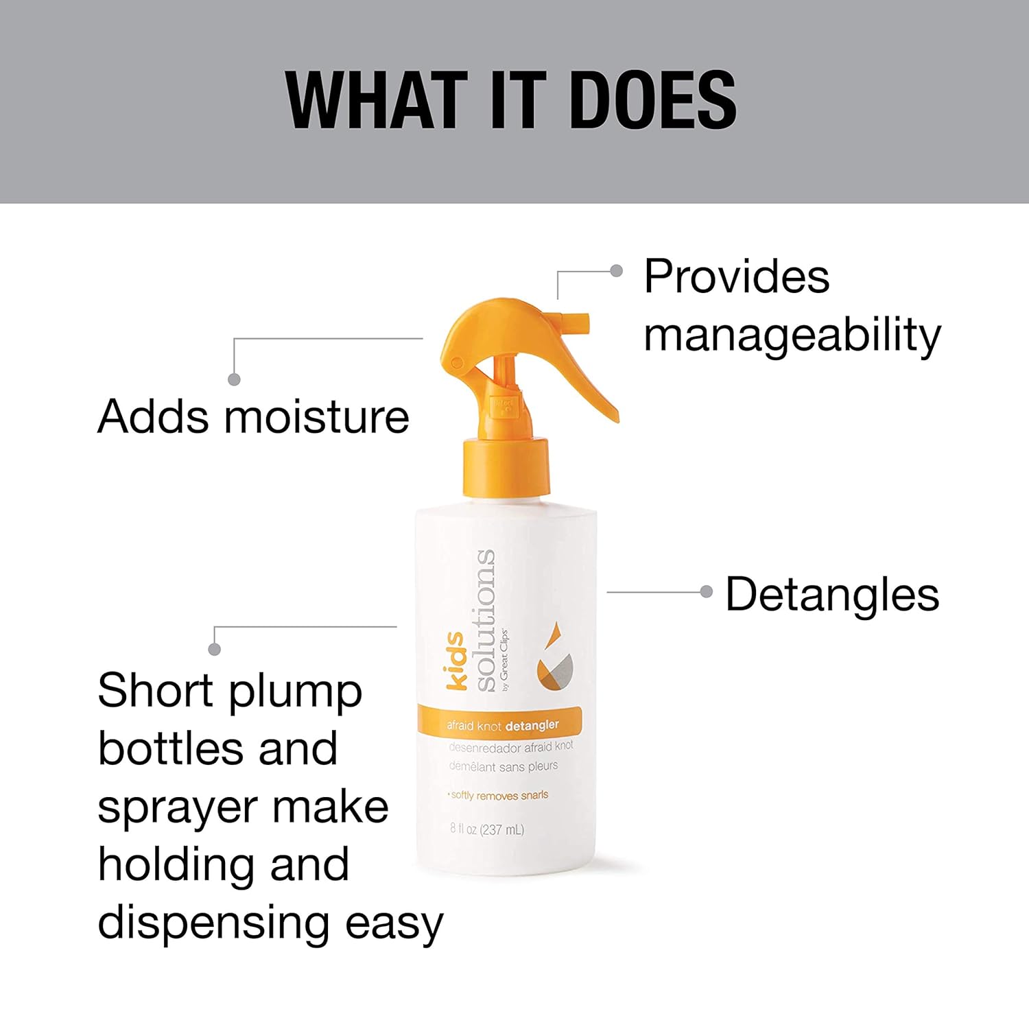 Solutions by Great Clips Kid's Afraid Knot Detangler, 8oz | Light Detangling Spray for Children | Protects & Moisturizes Hair | Recommended for Ages 2-10: Beauty