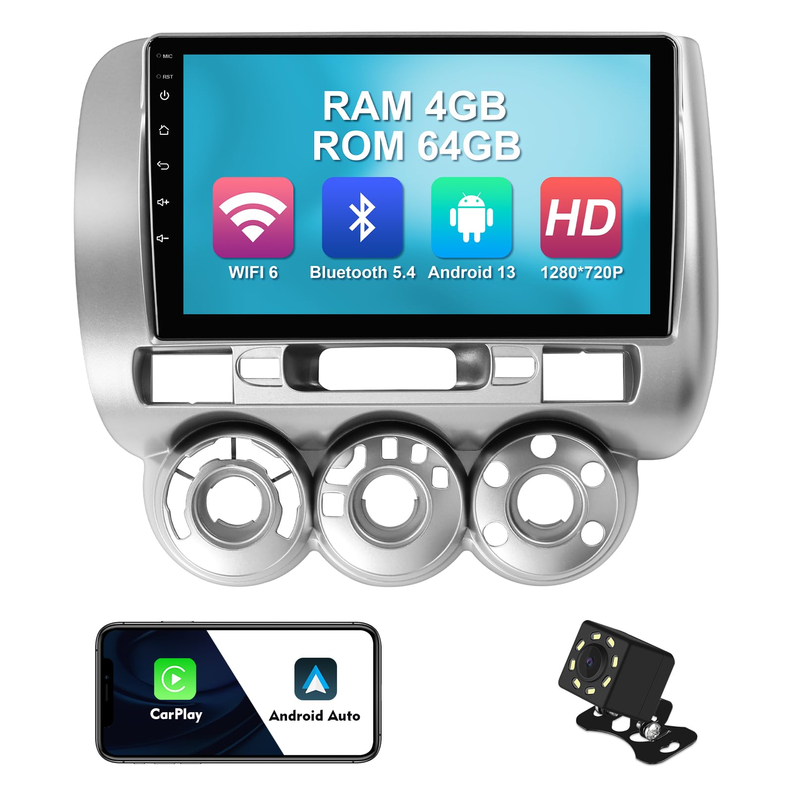 Photo 1 of 4+64G 9-inch Android 13 WiFi 6 Car Stereo for Honda Fit 2004-2007 IPS Touchscreen Screen Bluetooth 5.4 Car Radio with Carplay & Android Auto Support Backup Camera FM Navi SWC