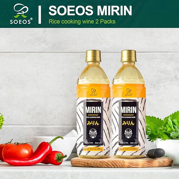 SOEOS MIRIN JAPANESE COOKING WINE, 16.9 FL OZ (PACK OF 2), AUTHENTIC NATURAL SUGAR SWEET RICE COOKING WINE FOR COOKING, CONDIMENTS, SEASONING HOMEMADE SAUCES, JAPANESE SEASONING