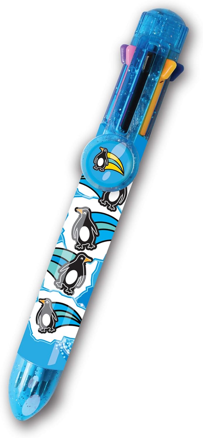 Rainbow Writer, Penguin Pen by Deluxebase. 8-in-1 Multicolour Retractable Ballpoint Pen with a Blue Glitter Barrel