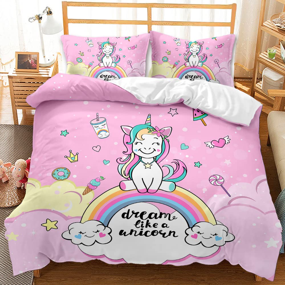 AOXHFNV Pink Unicorn Duvet Cover, Cute Unicorn Girls Children's Bed Linen 135 x 200 cm With 2 Pillowcases(135 x 200 cm, Pink 1) — image 1