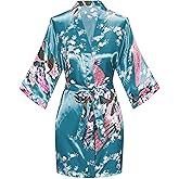 Women's Floral Kimono Satin Short Robe Peacock and Blossom Soft Bathrobe for Wedding Party Getting Ready