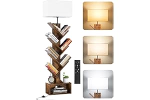 OUTONLIFE 6 Tier Tree Bookshelf with Light & Remote, Dimmable Tall Floor Standing Book Shelf, Narrow Wood Bookcase for Books/