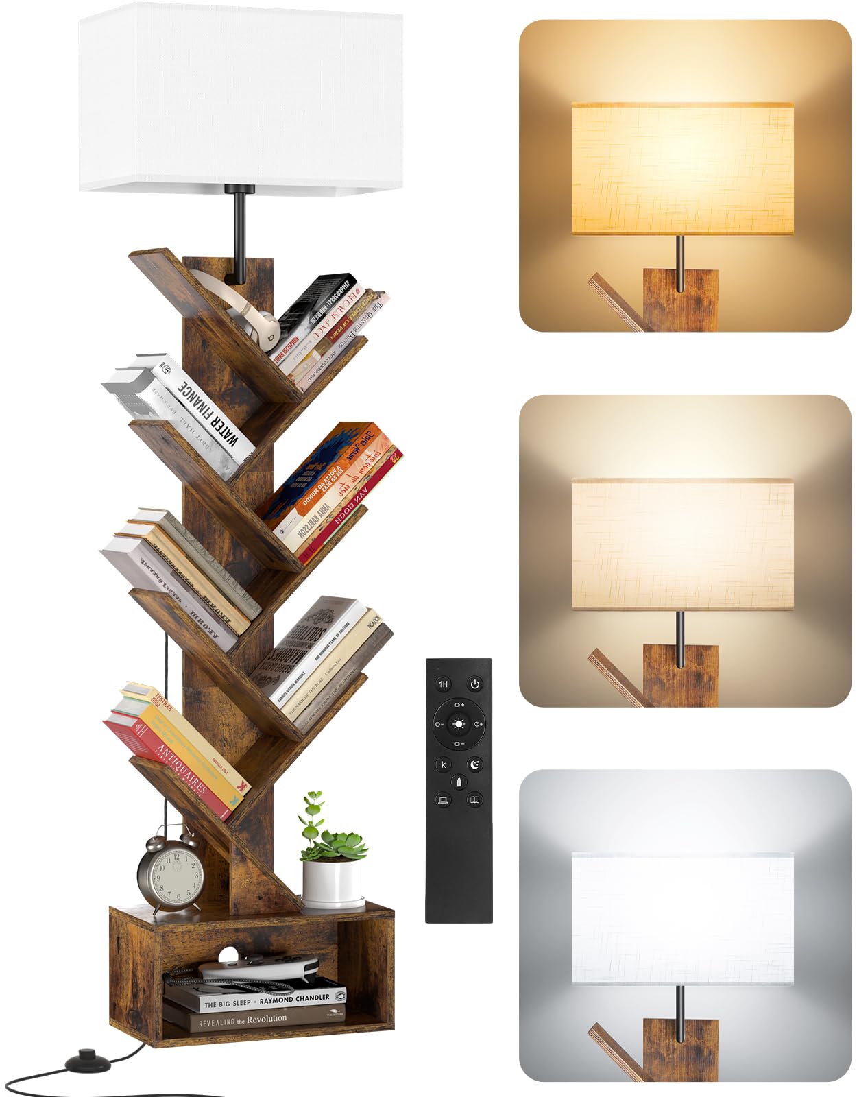 Photo 1 of OUTONLIFE 6 Tier Tree Bookshelf with Light, Remote & Timer, Modern Tall Floor Standing Book Shelf, Narrow Wood Bookcase, Small Book Organizer Shelves for Living Room, Bedroom, Office (Rustic Brown)