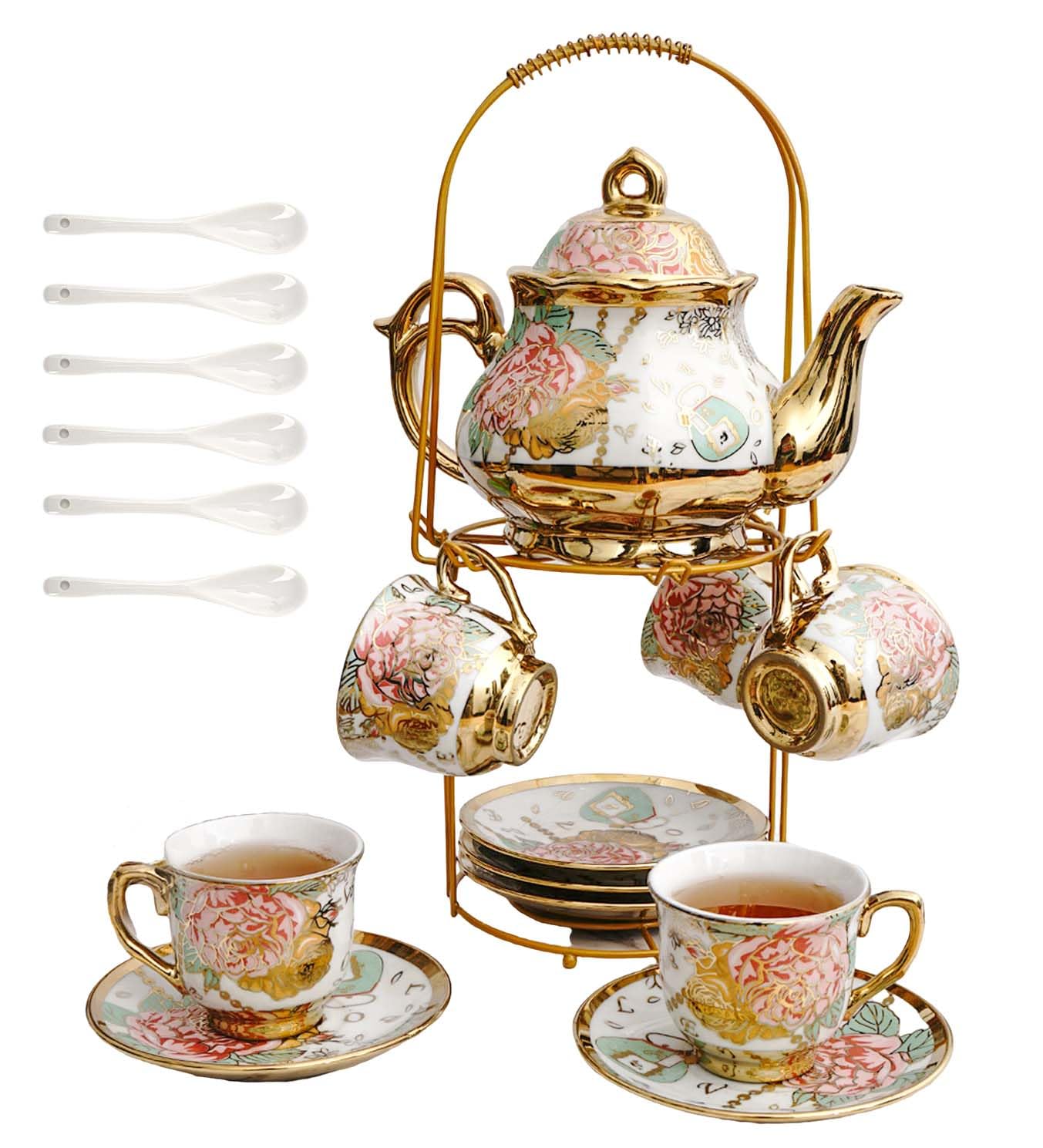 Photo 1 of 20 Pieces European Vintage Ceramic Tea Set with Metal Cup Holder, Adult Tea Set, Women's Afternoon Tea Set (golden rose, Large)