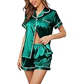 QLVKYW Women's Silk Pajama Sets Satin Sleepwear Button Down Short Sleeve Pj Tops and Shorts 2-Piece Loungewear