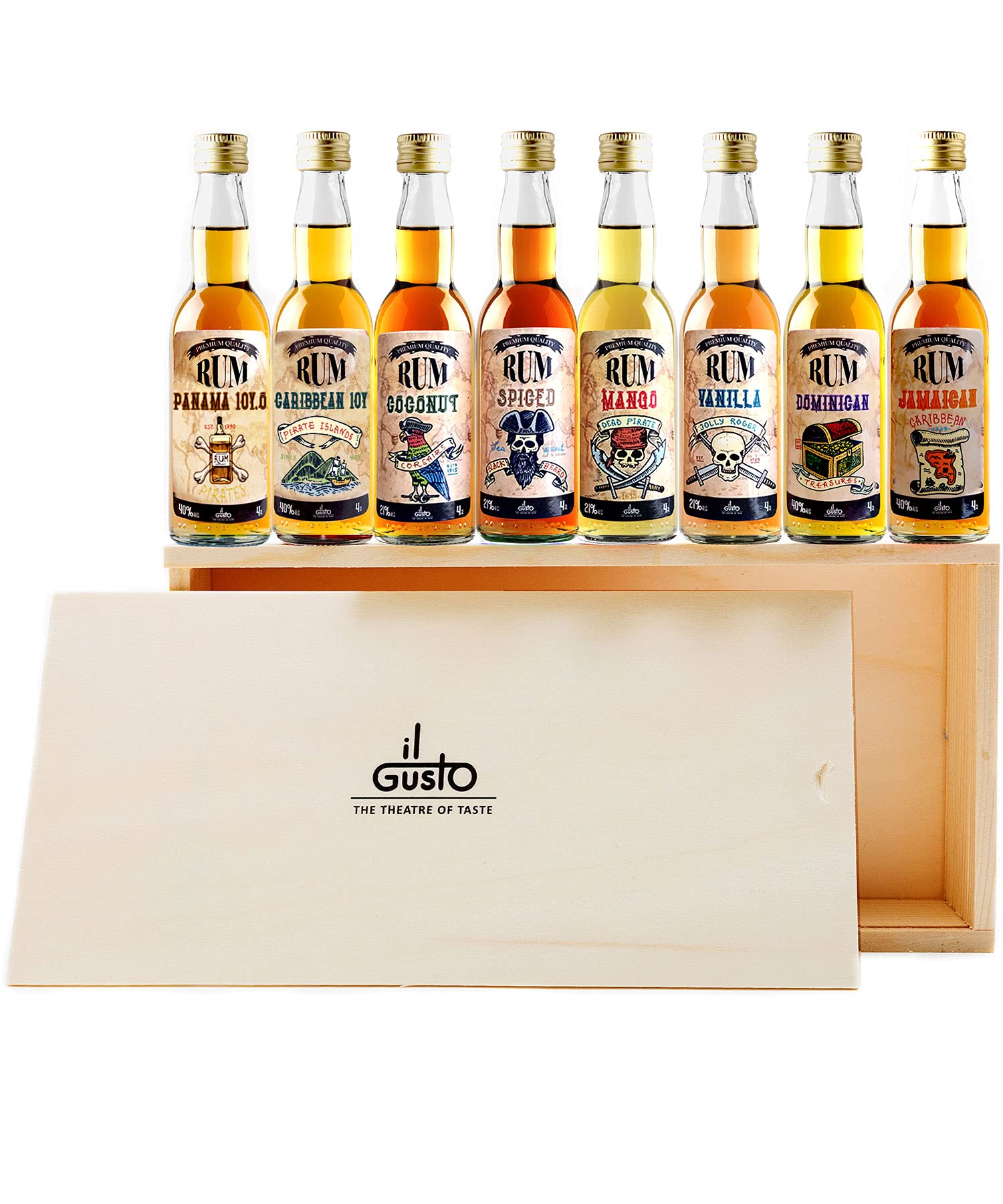 Premium Miniature Rum Tasting Gift Set | 40ml each (pack of 8) (Hand Crafted Wooden Box)