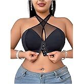 SOLY HUX Plus Size Bras for Women Front Closure Halter Criss Cross Mesh Wireless Bra Comfort Everyday Bralette