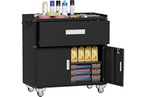 Washsemba Metal Garage Storage Cabinet with Wheels ，Lockable Rolling Tool Chest with Wheels, Tool Cabinet on Wheels, Utility Cabinet for Home, Office, Garage and Workshop (Black)