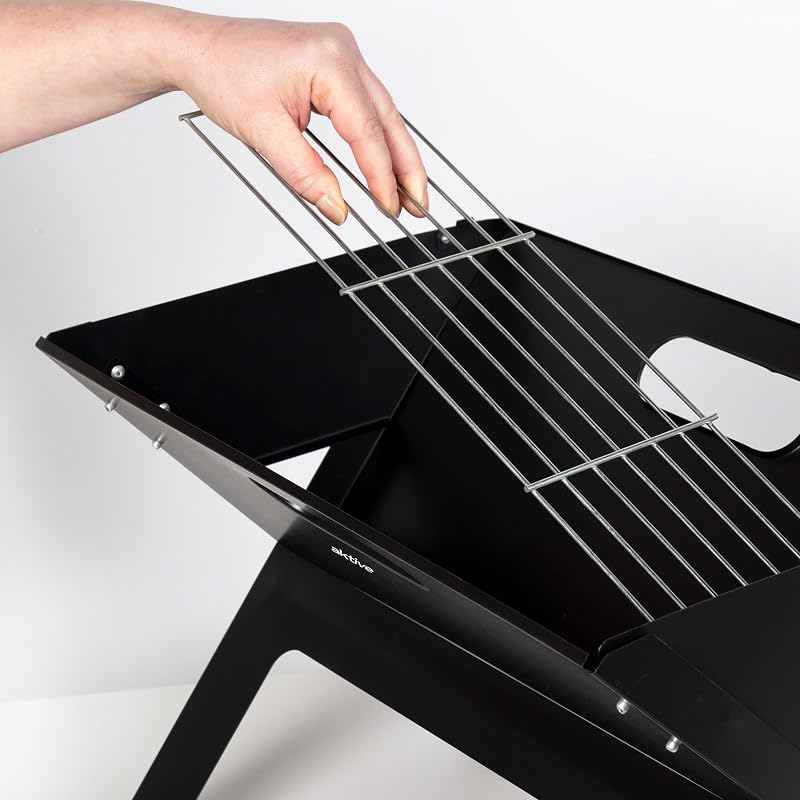 63033 - Barbacoa Portátil y Plegable a carbón de acero Negra y rectangular, Con asa de transporte, Medidas 45x29x30cm, Fácil de montar y transportar, parrilla camping, terraza, balcón