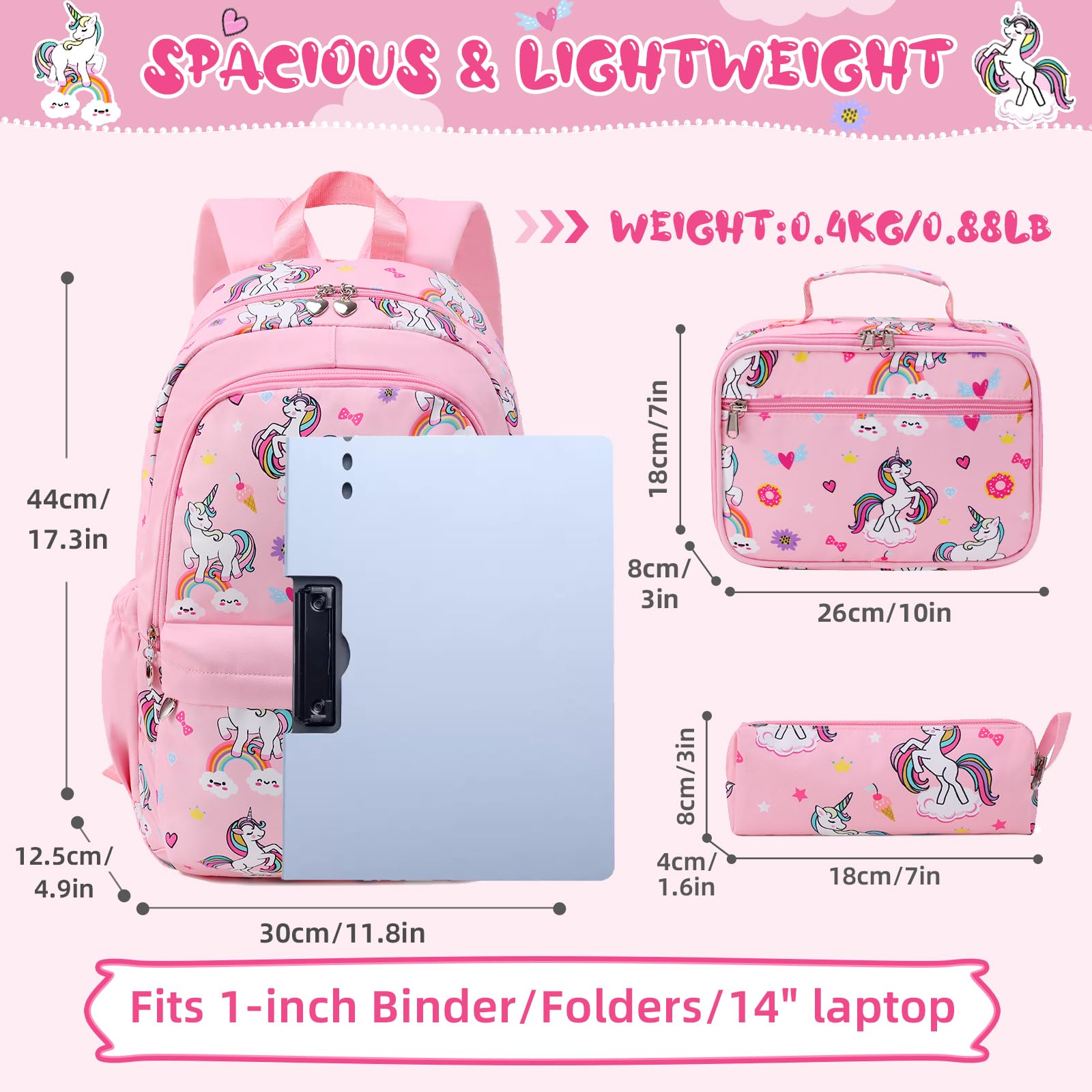 Backpack for Girls, Kids Unicorn Backpack Set, Elementary Primary Middle School Bookbag with Lunch Box and Pencil Case, Pink (Unicorn)