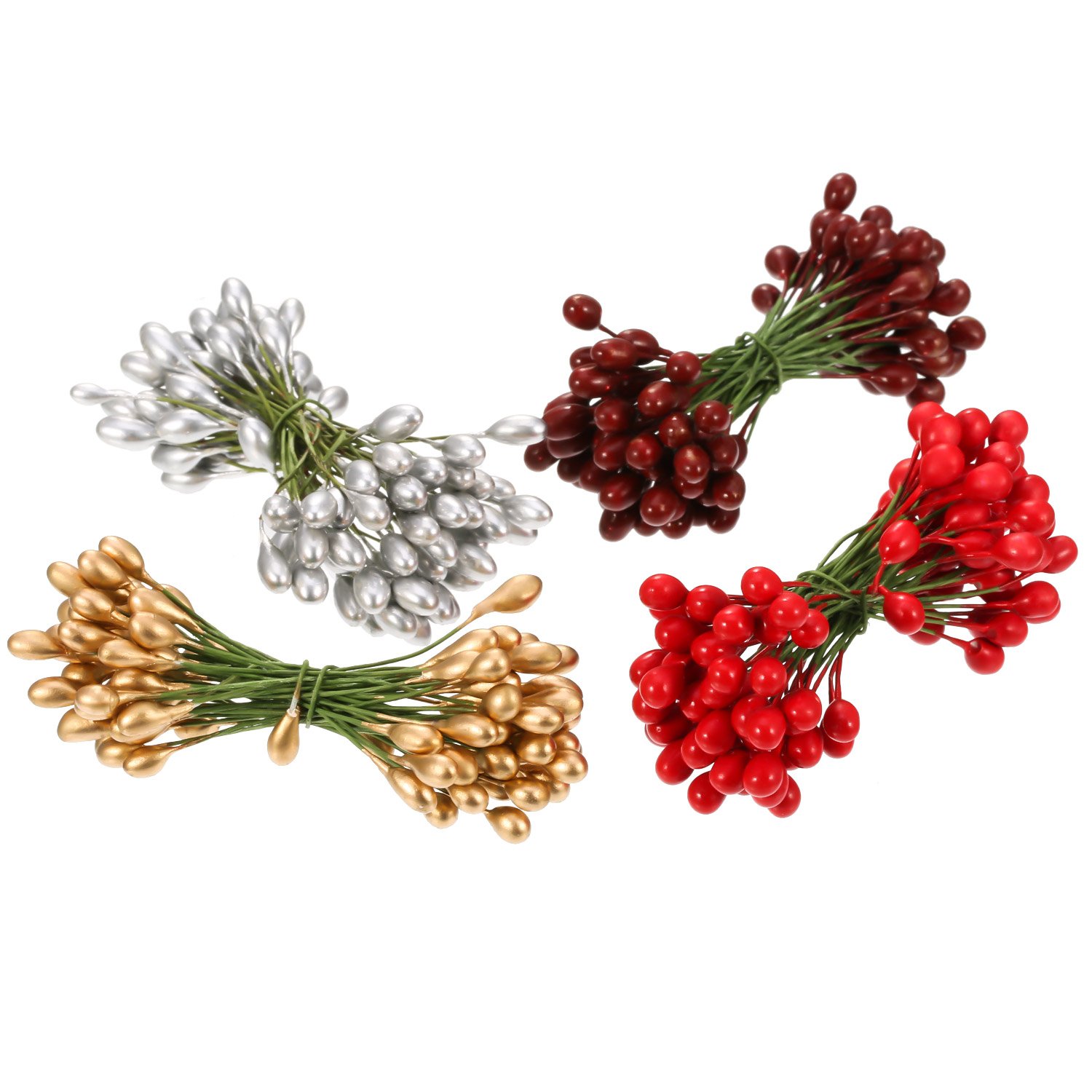 BBTO Pack of 400 multicoloured artificial holly berries, Christmas fake fruit berries on 200 wire stems for Christmas tree decoration, wreath craft, preferred use at wedding parties
