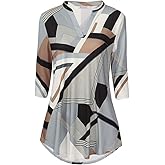 BAISHENGGT 3/4 Sleeve Tops for Women Notch V Neck Floral Work Blouses Dressy Casual Loose Fit Going Out Tunic Tops