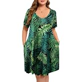 ZENNILO Women's Plus Size Swing Dress with Pockets Casual Summer Dresses V Neck Short Sleeve T Shirt Dress for Women