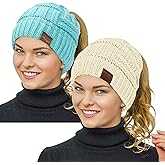 Rosoz Womens Ponytail Beanie Winter Beanie Hat Ponytail Hatfor Women Tail Stretch Cable Knit Cap Messy High Bun Hat