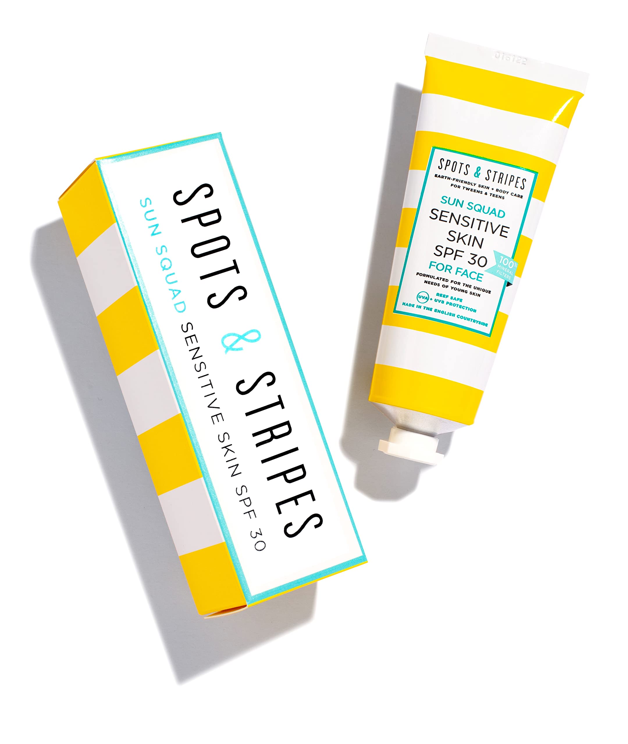 Spots & Stripes - Sun Squad Sensitive Skin SPF 30 for Face, 99% Natural, 100% Mineral Sunscreen for Teens and Young Skin, Organic Aloe Vera Leaf Juice, Jojoba and antioxidant-packed Green Tea (50ml)