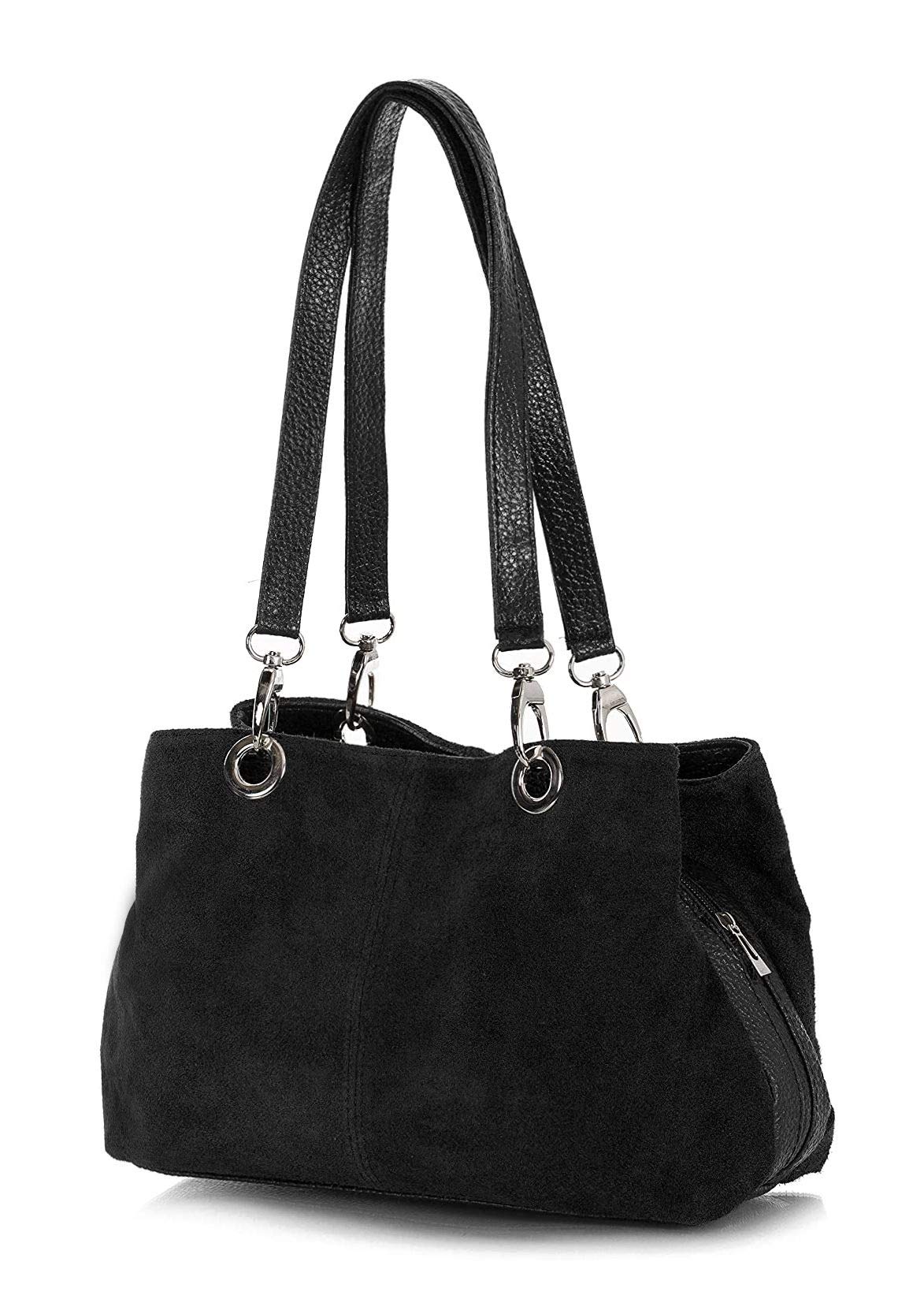 Kitise Women Real Italian Suede Vivid Colours Small 3 Compartments Tote Bag Stylish Shoulder Handbag (black)