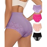MIOTAN Women's High Waisted Underwear Ladies Lace Sexy Panties Breathable Soft Stretch 4 Pack Full Coverage