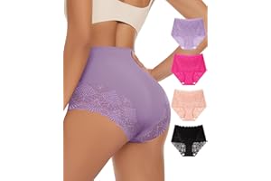 MIOTAN Women's High Waisted Underwear Ladies Lace Seamless Sexy Panties Breathable Soft Stretch 4 Pack Full Coverage
