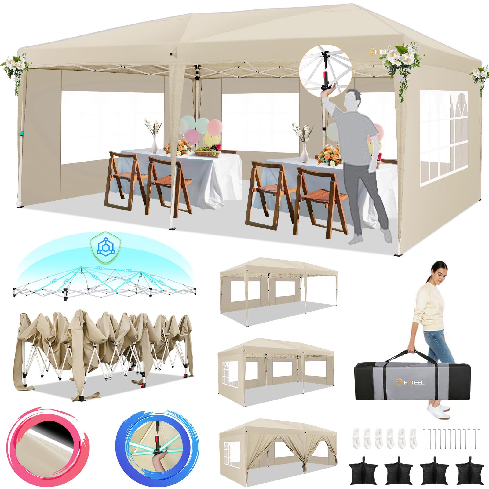 Photo 1 of **MAJOR DAMAGED/check clerk comments**
HOTEEL 10x20 Pop Up Canopy Tents for Parties, Outdoor Tent with 6 Sidewalls & 8 Wind-Resistant Rods & Carry Bag, Easy Setup for Patio Events, Wedding, Commercial, Waterproof and UV50+ Protection,Khaki
