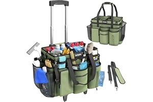 CORBYLES Rolling Cleaning Caddy Bag with Detachable Trolley, Cleaning Supplies Organizer Cart on Wheels, Cleaning Supply Caddy for Housekeepers, Large Professional Detailing Bag Tote for Home, Car (Green)