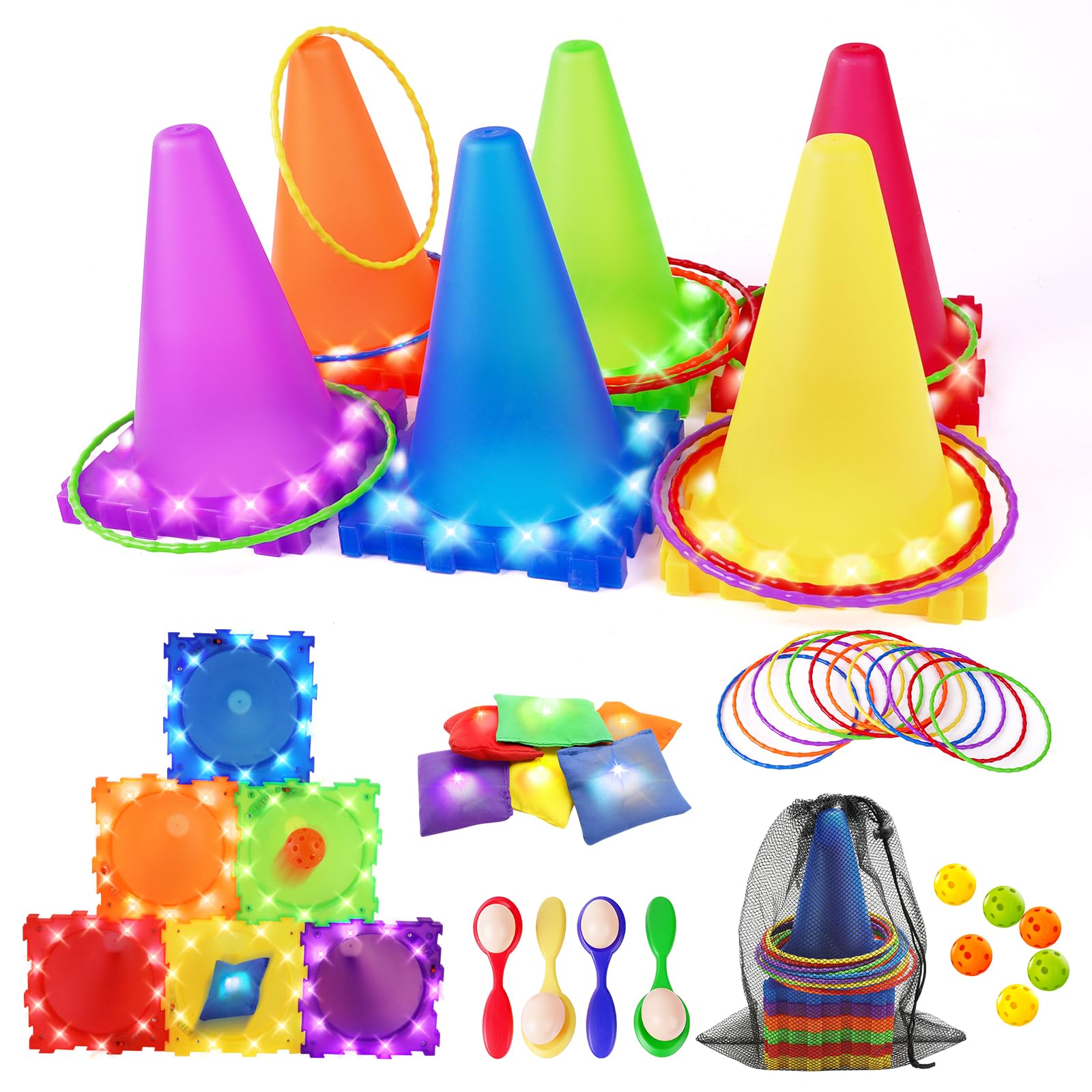 CLEMAS Light Up Throwing Games Outdoor Games Garden Game, Ball & Ring & Bean Bag Toss Game Set, Party Throwing Games for Kids & Adults, Ring Toss Games for Child's Birthday, Easter Eggs Spoon Egg Race