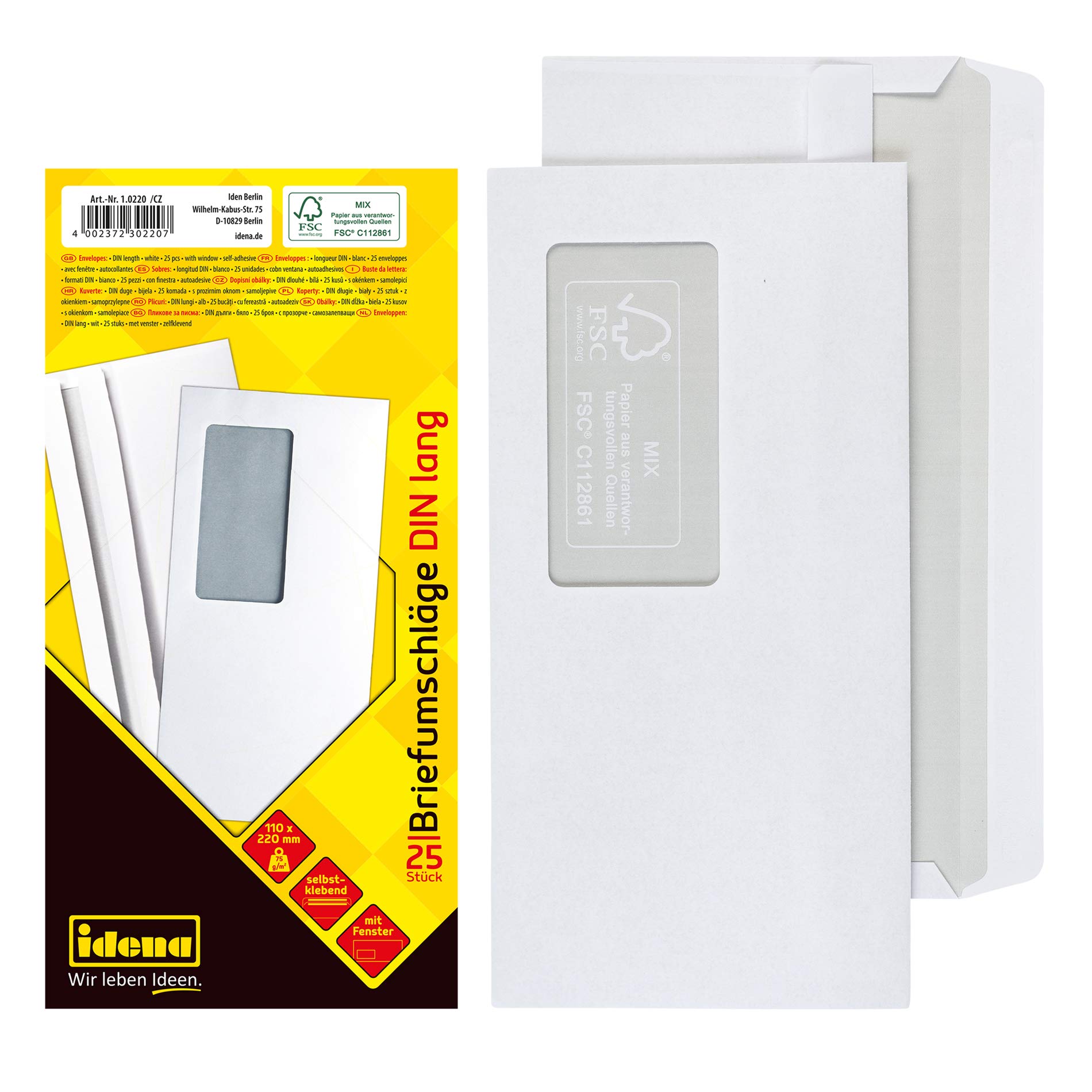 Idena 10220 Envelopes with Windows Press Seal DIN Long 75 g/m², Pack of 25, FSC Mix, White