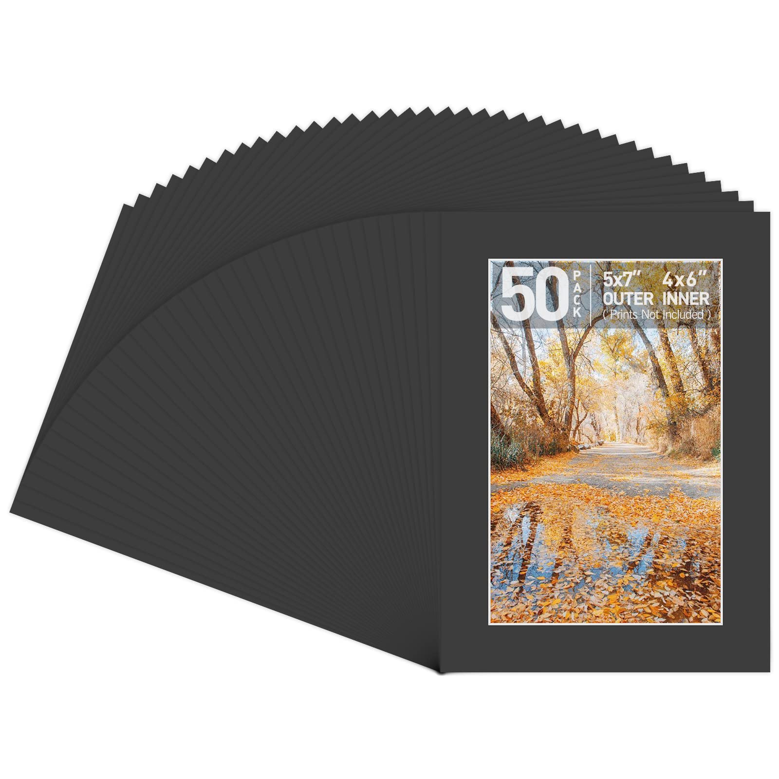 Acid Free, Pack of 50, 5x7 Black Picture Mats Mattes with White Core Bevel Cut for 4x6 Photo