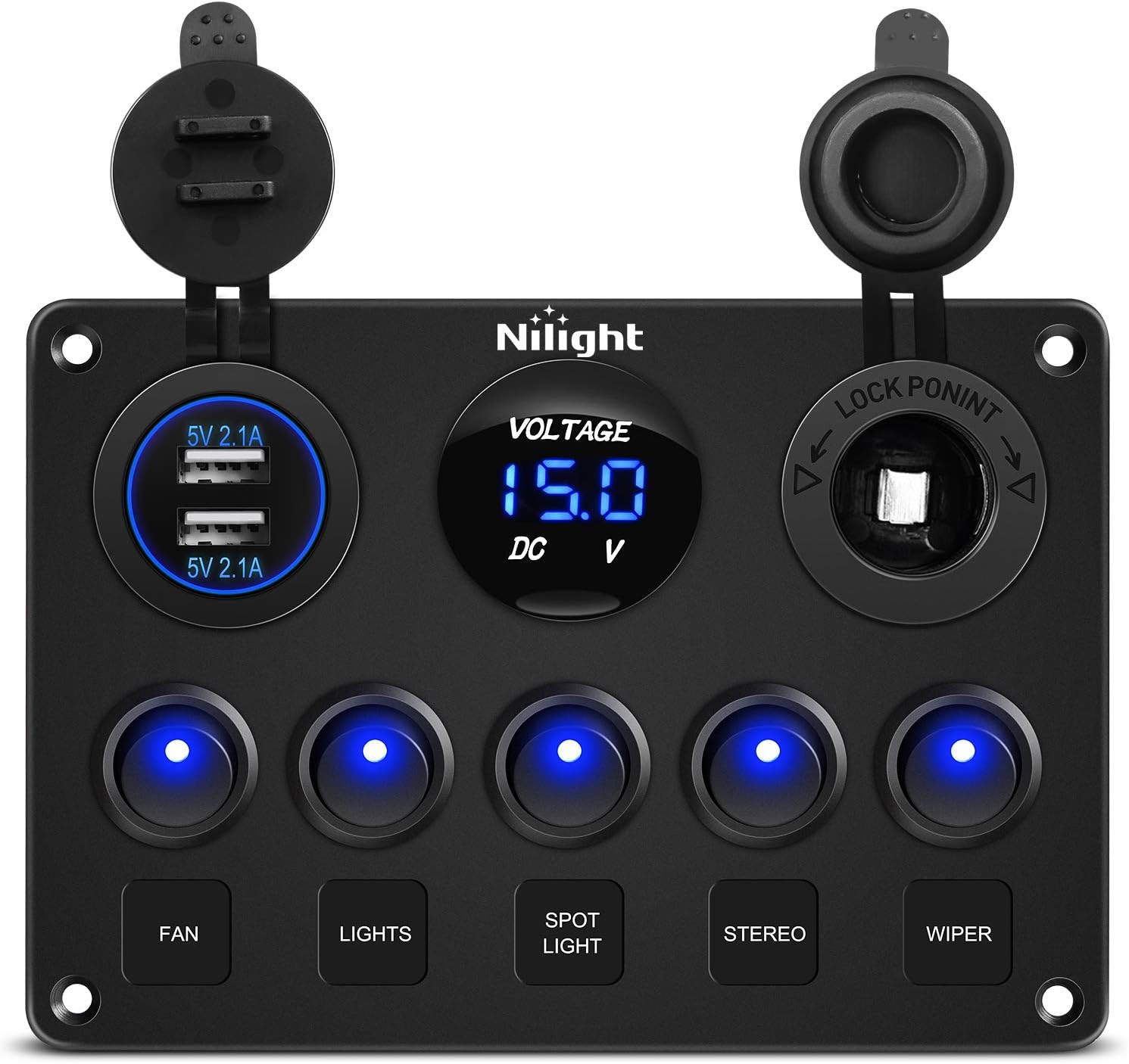Nilight 90101E 5Gang Multi-Function 5 Gang Rocker Dual USB Charger + Digital Volmeter +12V Outlet Pre-Wired Switch Panel with Circuit Breakers for RV Car Boat Truck Trailer,2 Years Warranty: Automotive