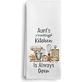 Qeheb Aunt Gifts Kitchen Towels, Best Mother's Day Birthday Gifts for Auntie from Nephew Niece Dish Tea Towels, Aunt's Kitchen is Always Open Decorative Hand Towels, 16X24In