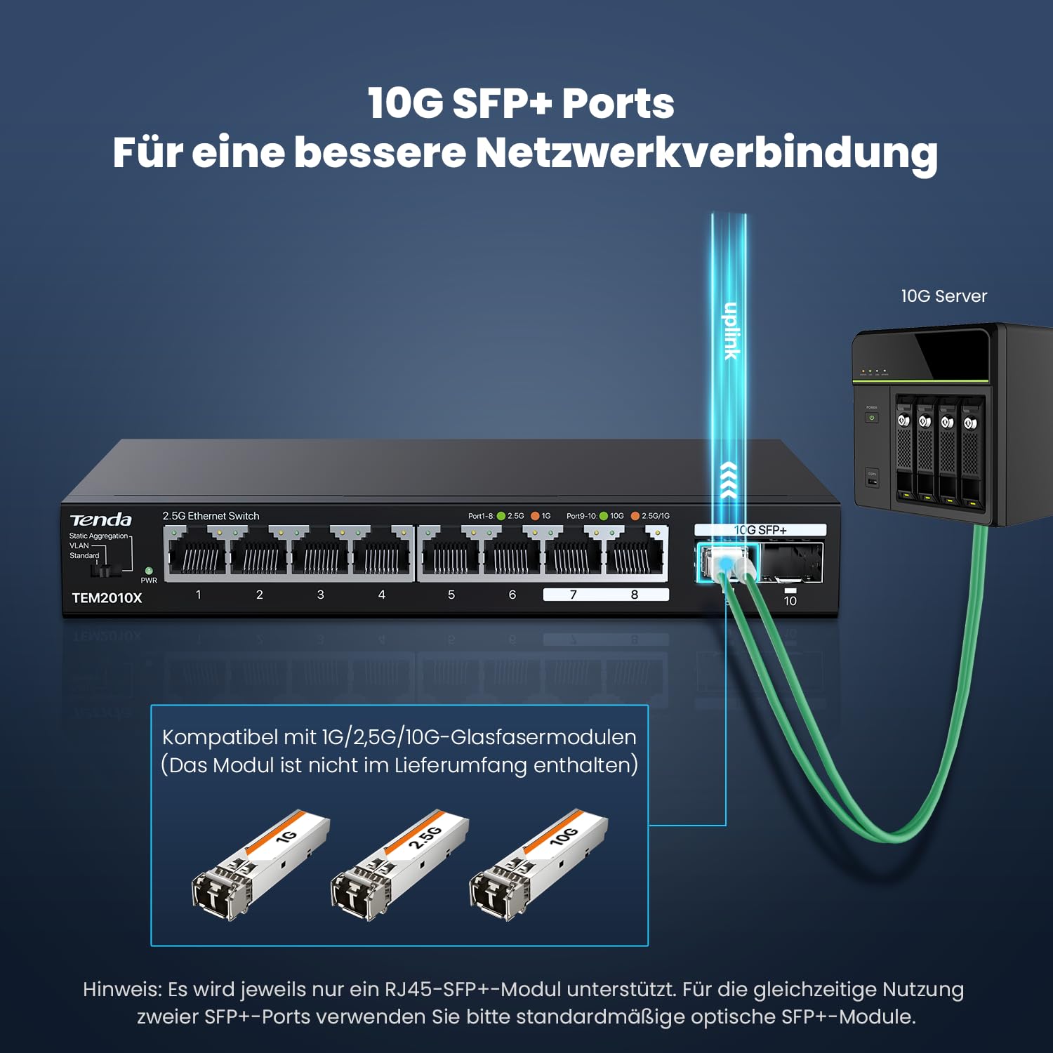 Tenda 2.5 Gbit Switch mit 8X 2.5G Ports & 2X 10G SFP+ Ports (VLAN, Statische Aggregation, Lüfterlos, Plug & Play, Desktop-/Wandmontage, Unmanaged, Metallgehäuse) (TEM2010X) 3