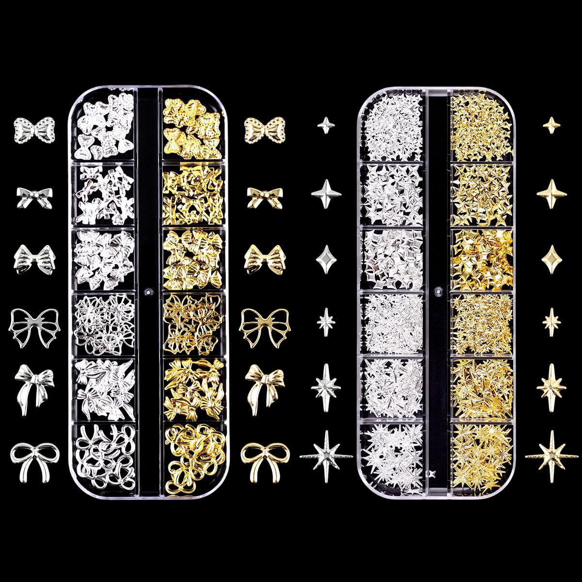 Gold Silver 3D Nail Charms,2Boxes 24Grids Bow Star Nail Gems Nail Studs,Punk Metal Alloy Rivet Stickers Bowknot Nail Art Decorations Accessories for Nail Art Design DIY Crafts (Gold Silver A)