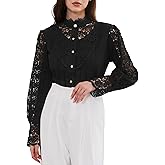 Allegra K Lace Trim Top for Women's Elegant Stand Collar Victorian Long Sleeve Button Down Blouse