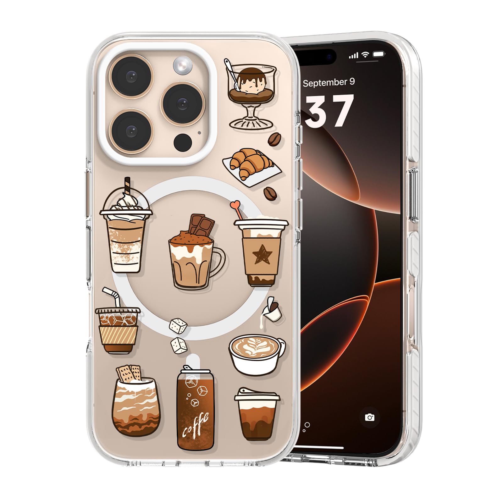 Photo 1 of FEWGEY Clear TPU Phone Case for iPhone 16 Pro Compatible with Magsafe, Cute Coffee Design Magnetic Shockproof Heavy-Duty Protection for Women Girls Men Boys