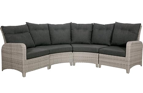 lifestyle4living Gartenbank 4 Sitzer aus Polyrattan Geflecht grau inkl. Kissen anthrazit. Die runde Loungebank ist wetterfest