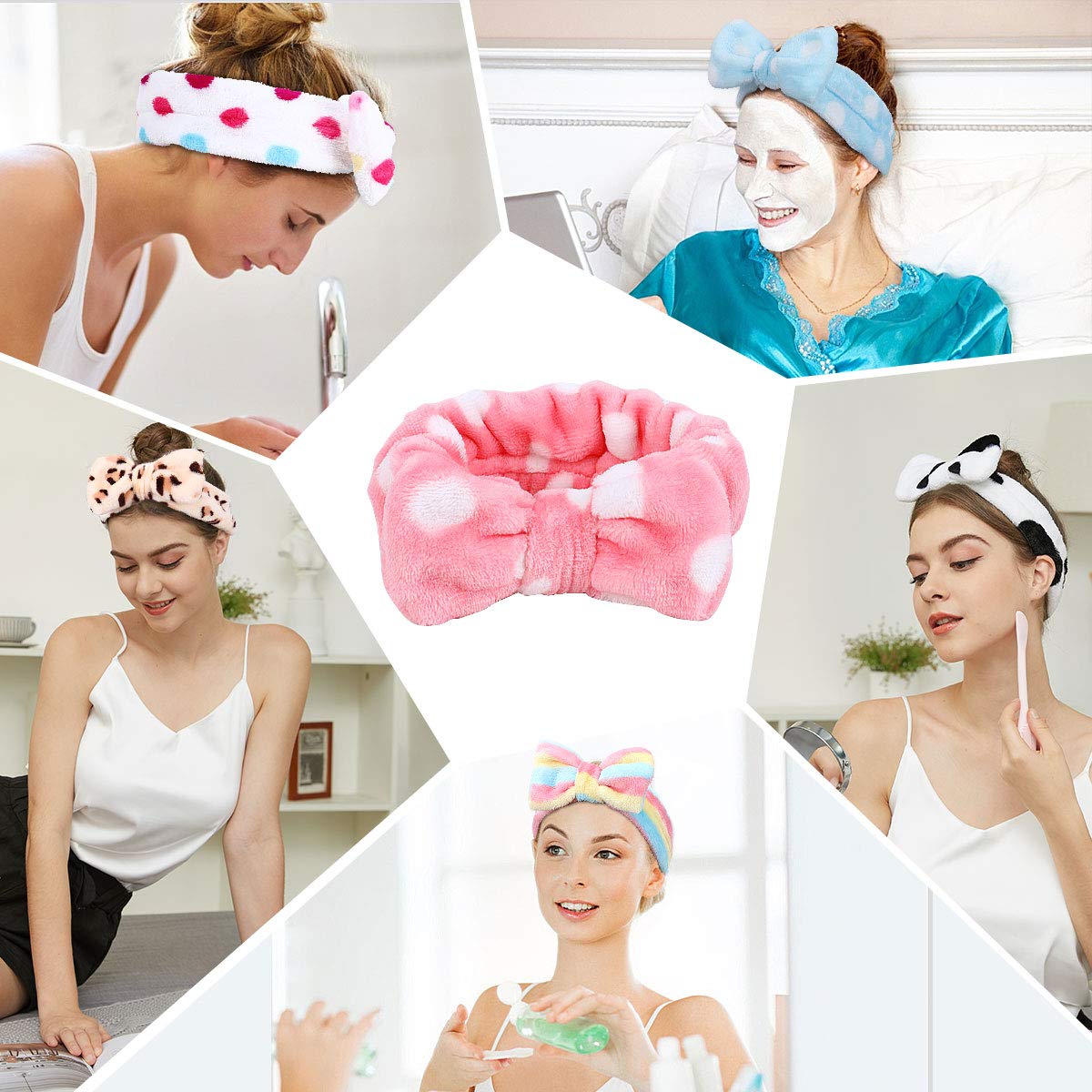 Spa Headband – 6 Pack Bow Hair Band Women Facial Makeup Head Band Soft Coral Fleece Head Wraps For Shower Washing Face : Beauty