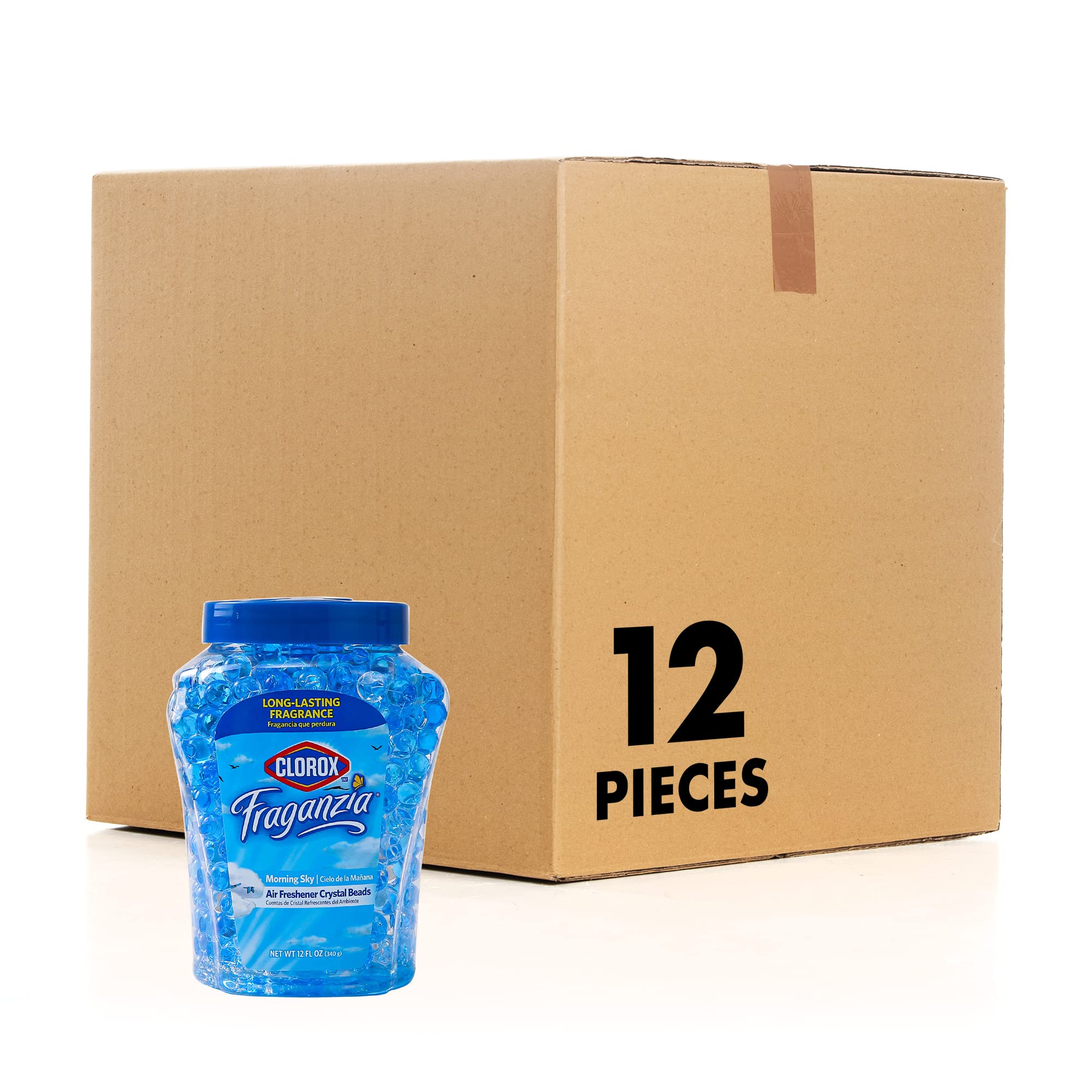 Clorox Fraganzia Crystal Beads Air Freshener in Morning Sky Scent – Long-Lasting Room Deodorizer – Odor Eliminator Gel Beads to Freshen Home, Car, or Office, 12 Fl Oz – 12 Pack