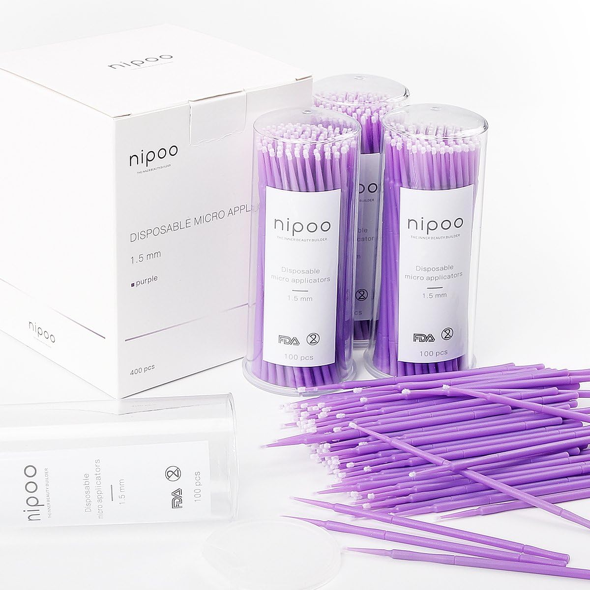 NIPOO 400 Pcs 1.5mm Disposable Micro Brushes for Eyelash Extensions Glue Removal, Dental Disposable Micro Applicator Brush Swabs - by NIPOO