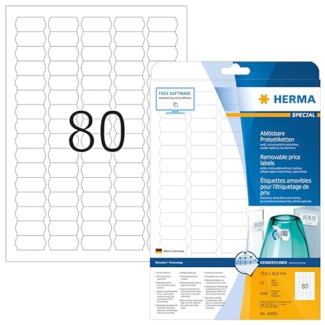 Herma 10002 Preisetiketten Wellenrand, ablösbar, wieder haftend (35,6 x 16,9 mm) weiß, 2.000 Preisschilder, 25 Blatt DIN A4 P