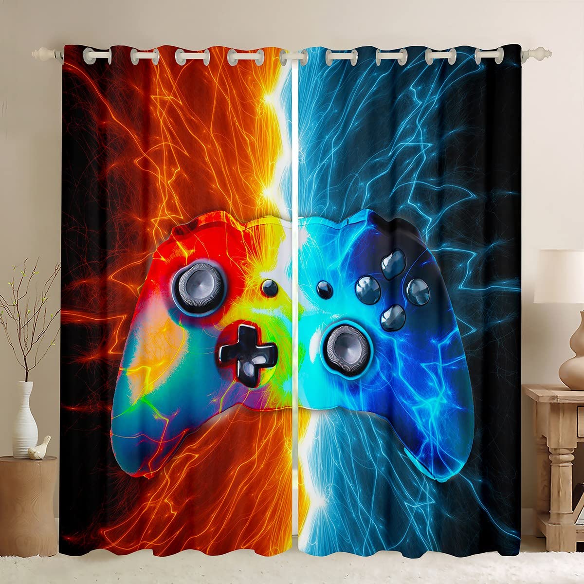 Gamer Room Curtains for Bedroom Boys Teens Video Game Gamepad Window Kids Toddler Gaming Noise Reducing Cooling Window Treatments Red Blue W46*L72