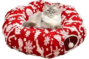 Oslynia Christmas Cat Tunnel for Indoor Cats, Detachable Soft Cat Tunnels Bed, Cat Hideout Donut Tunnel with Pom Pom Ball, Mu