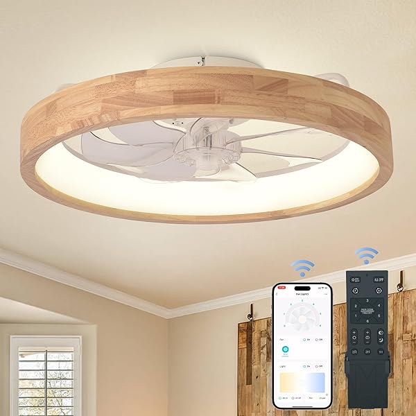OAKS AURA 20” CEILING FAN WITH LIGHT, 3 COLOR DIMMABLE LED, 6 SPEEDS,REVERSIBLE MODERN WOODEN FLUSH MOUNT LOW PROFILE CEILING FANS WITH LIGHTS AND REMOTE FOR BEDROOM/KIDSROOM/DINNG ROOM