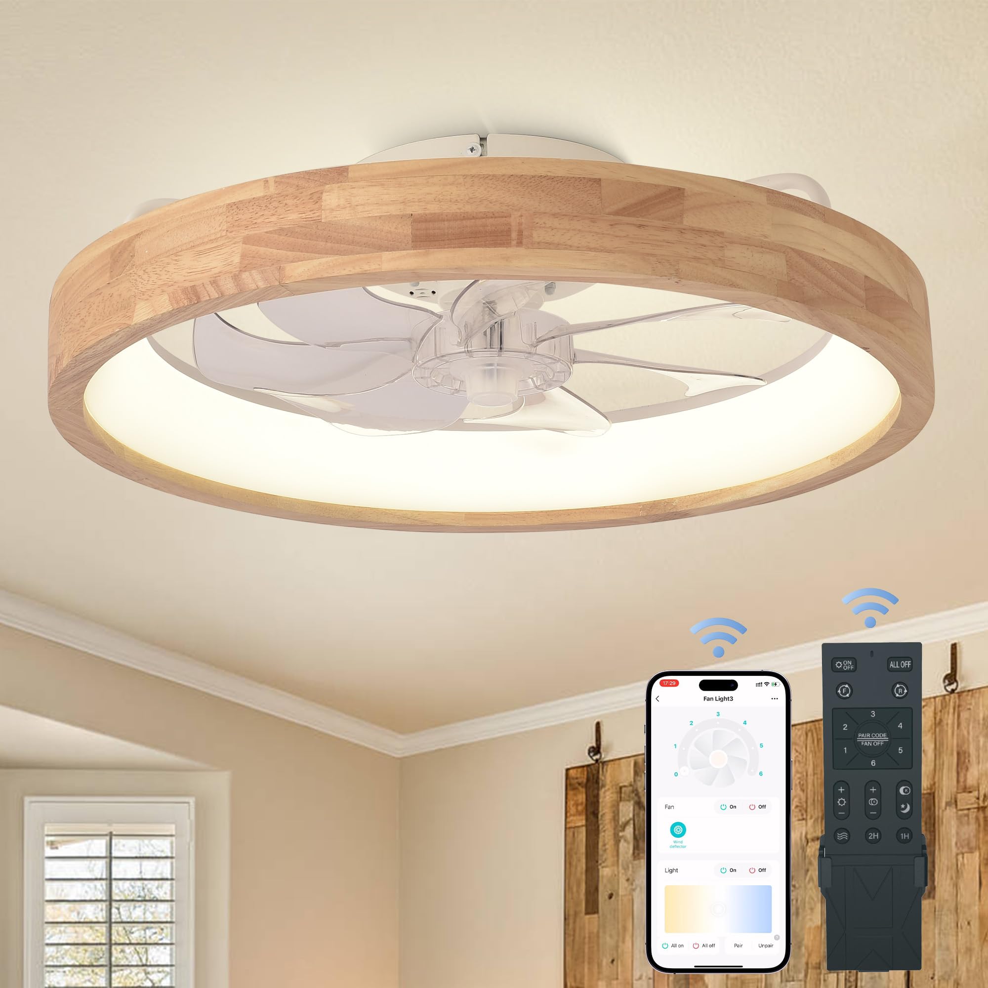 Photo 1 of ***MISSING REMOTE**** Oaks Aura 20” Ceiling Fan with Light, 3 Color Dimmable LED, 6 Speeds,Reversible DC Motor, Wooden Flush Mount Low Profile Ceiling Fans with Lights and Remote for Bedroom/Kidsroom/Dinng Room