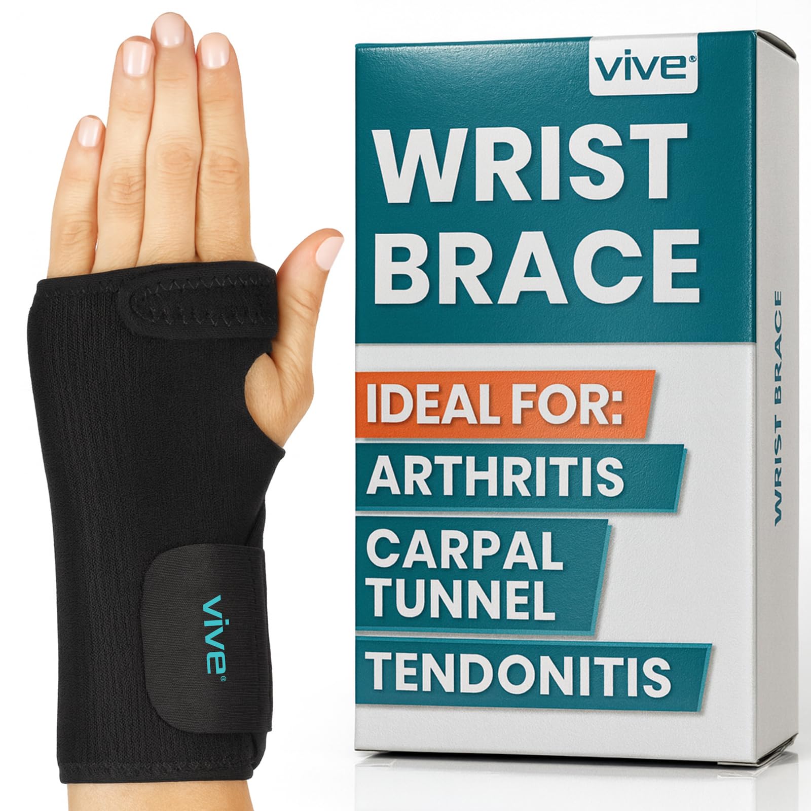 Vive Wrist Brace - Carpal Tunnel Hand Compression Support Wrap for Men, Women, Tendinitis, Bowling, Sports Injuries Pain Relief - Removable Splint - Universal Ergonomic Fit (Left)