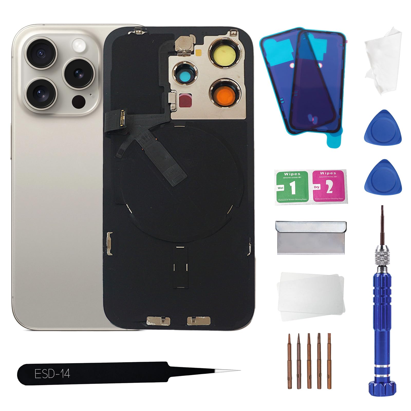 Photo 1 of 15 Pro Max Back Glass Replacement with Wireless Charging Flex Cable and Camera Frame All Parts for iPhone 15 Pro Max(6.7Inch,Natural Titanium) Replacement of Equipment Waterproof Tape