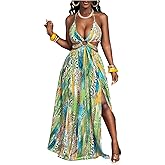 OYOANGLE Women's Boho Maxi Dress Printed Ring Linked Tie Backless High Slit Ruffle A Line Vacation Hawaiian Dresses