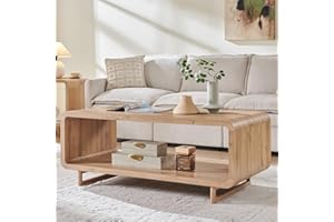 IFGET 48" Modern Coffee Table, 2-Tier Minimalist Center Table with Storage Shelf, Curved Profile Design, Wooden Rectangular Living Room Table w/Wood Thick Design for Living Room, Office, Natural Oak