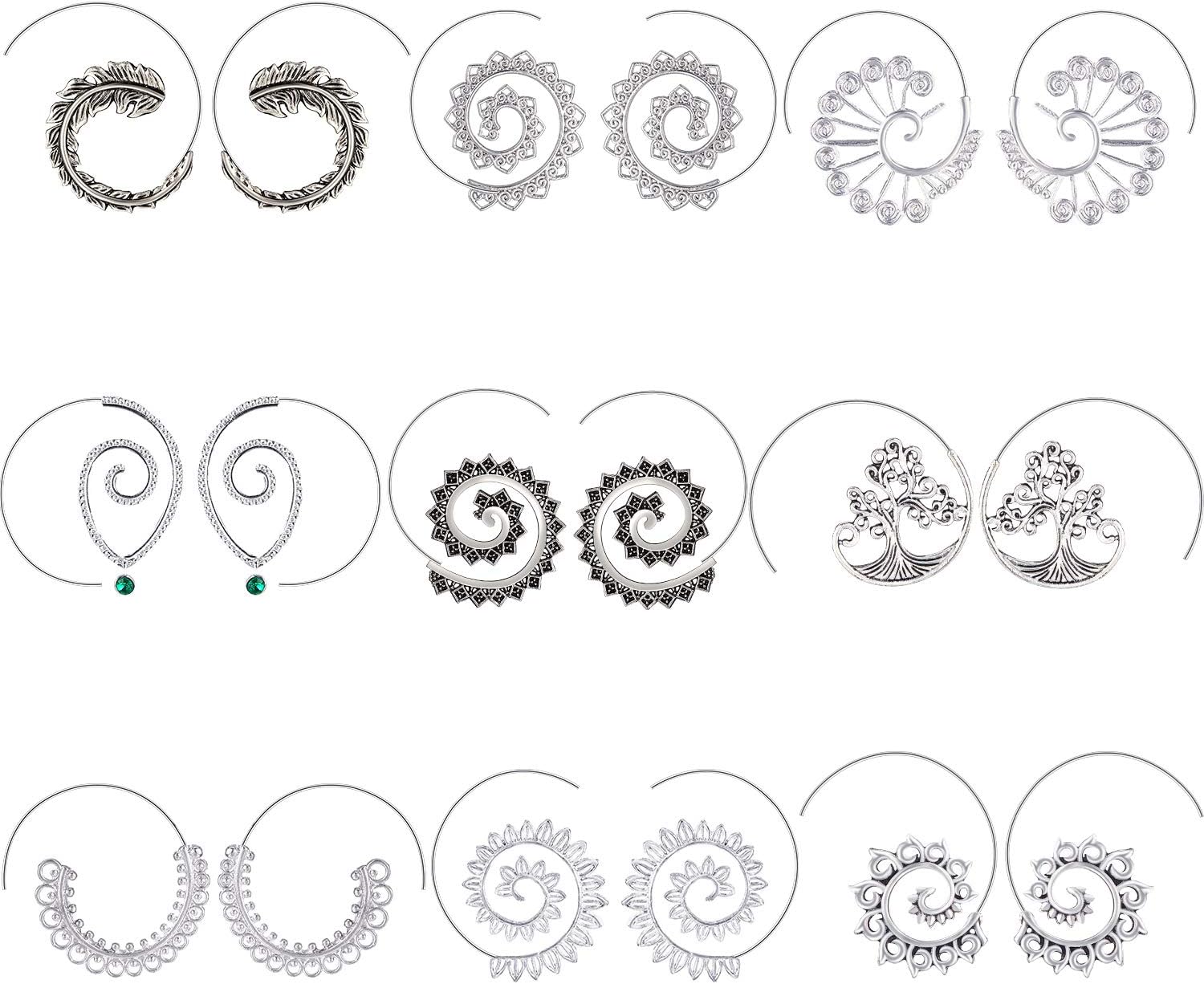 Hicarer9 Pairs Bohemian Vintage Hoop Earrings Circle Tribal Earrings Swirl Spiral Hoop Earrings for Women, Silver