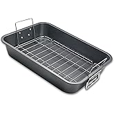 Roasting Pan With Rack 11" x 15" - Non Stick Large Roaster Pan and Flat Rack with Foldable Handles - Roasting Pans for Ovens to Elevate Food for Even Heating - Dishwasher Safe Turkey Roast Pot