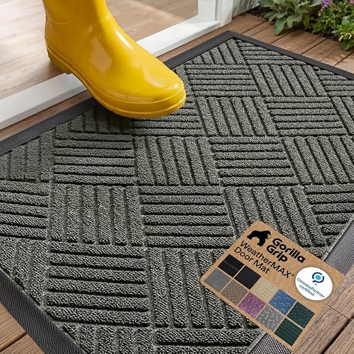 GORILLA GRIP 100% Waterproof All-Season WeatherMAX Doormat US Designed Natural Rubber, Stain Fade Resistant, Low Profile Indoor Outdoor Door Mats, Easy Clean, 29x17 Gray Diamond